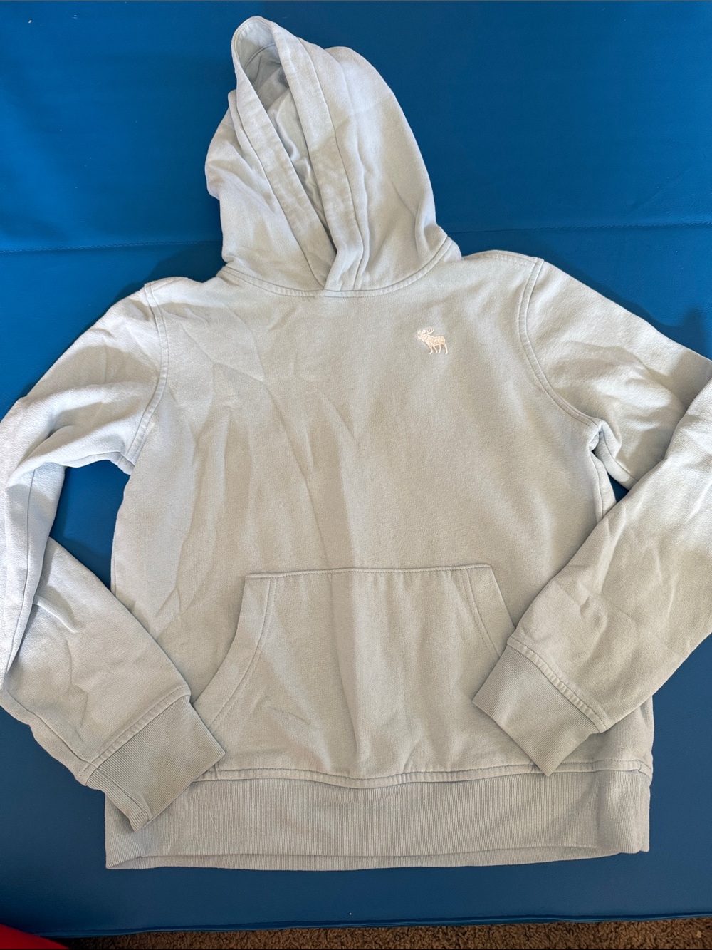 abercrombie kids light blue hoodie with white moose logo
